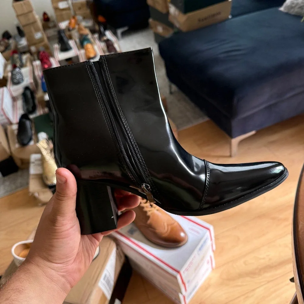 Santimon Mens Black US 9.5 Casual Patent Leather Chelsea Dress Boots Zipper on
